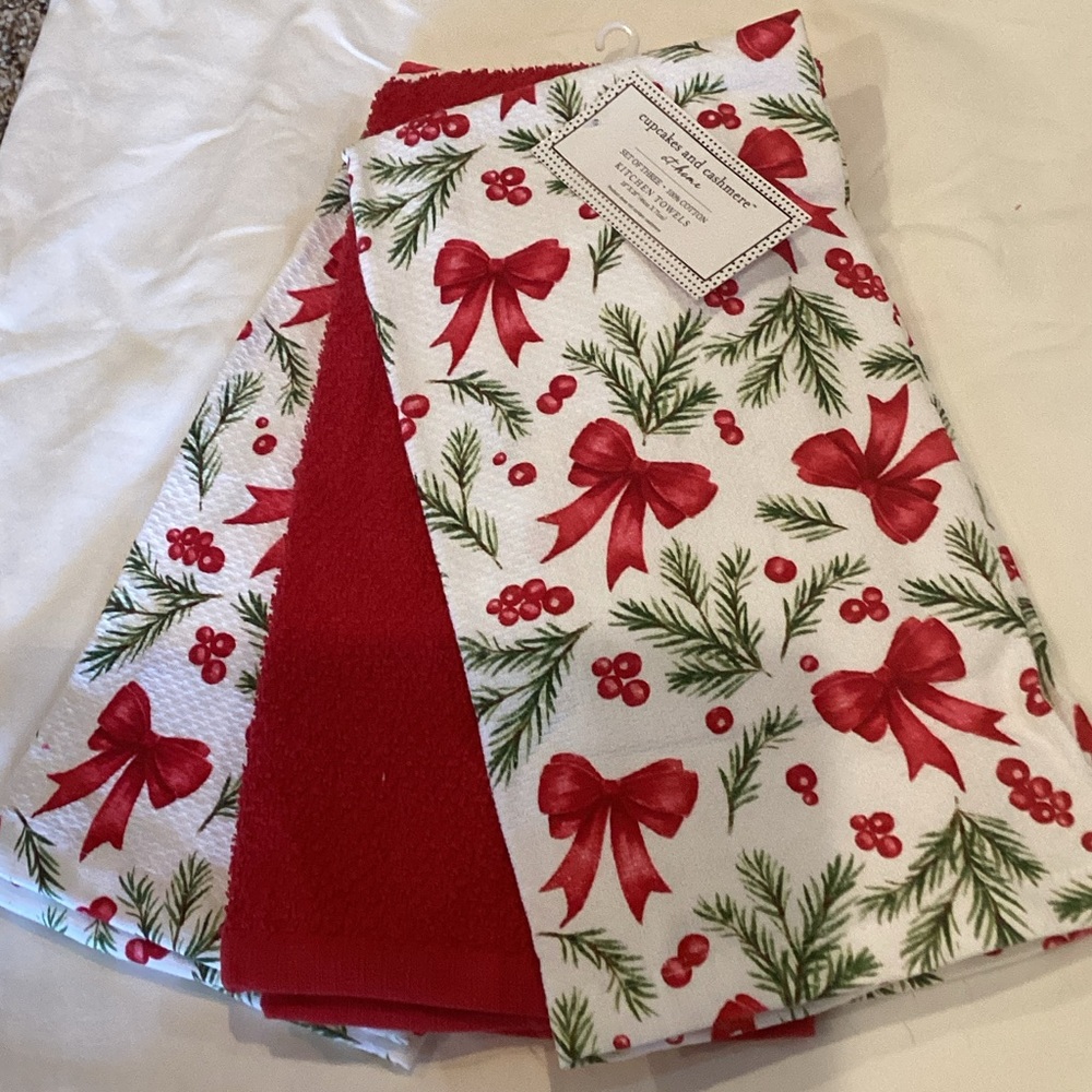 Cupcakes and Cashmere Red Bow Christmas Kitchen Towels - set of 3